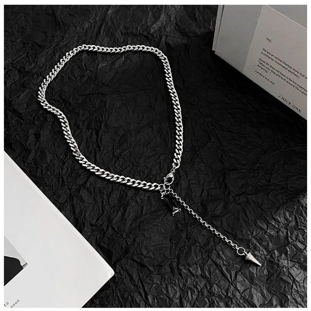 Black Crystal Pendant Stainless Steel Mens Necklace